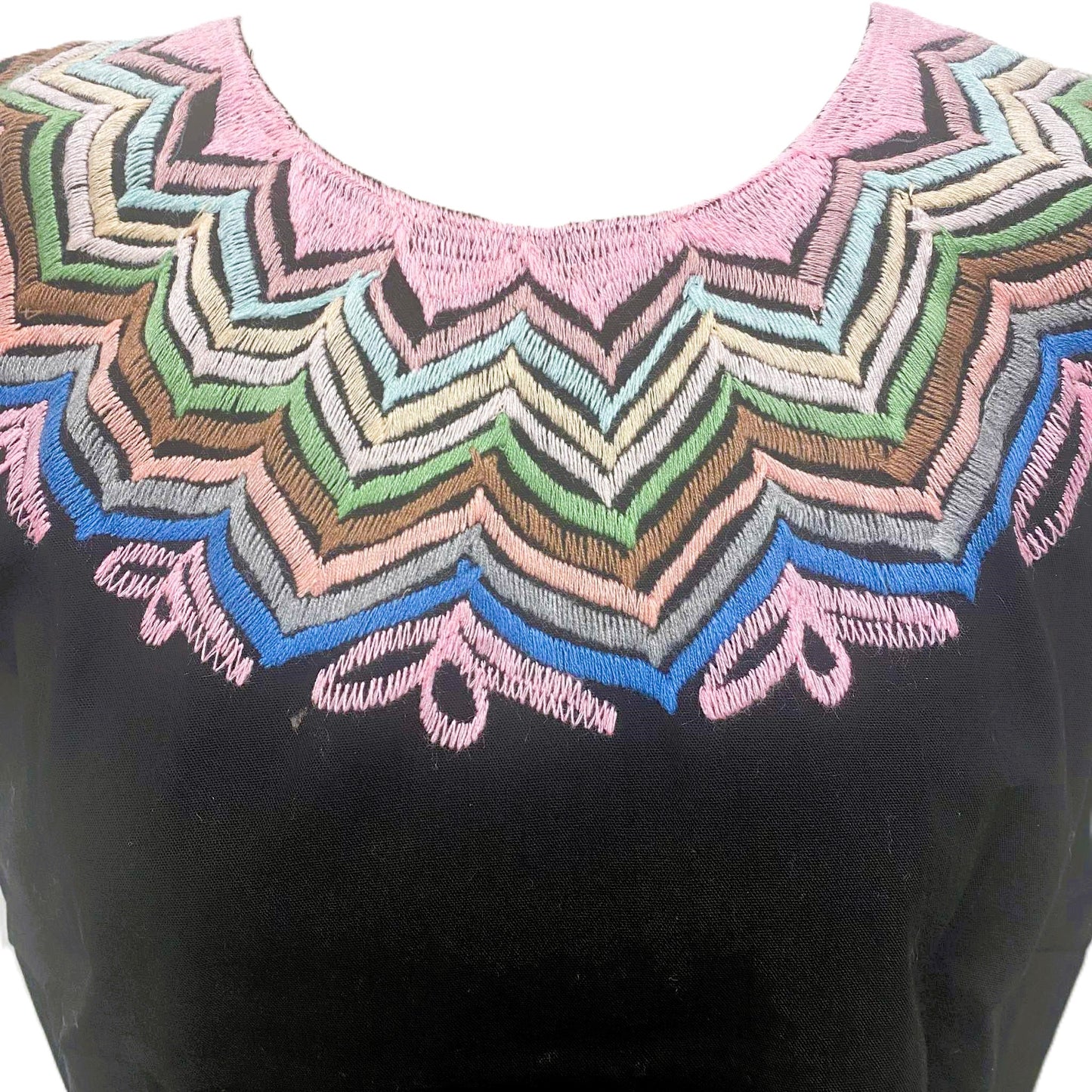 Mexican Embroidered Huipil Maya Top Organic Cotton Manta Black Chamula Design - One Size XS to M