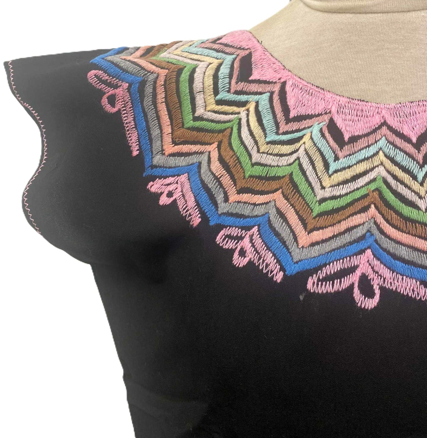 Mexican Embroidered Huipil Maya Top Organic Cotton Manta Black Chamula Design - One Size XS to M