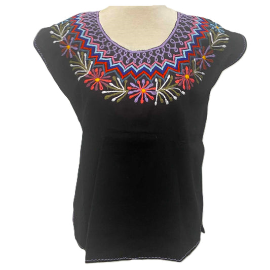 Mexican Embroidered Huipil Maya Top Organic Cotton Manta Black with Firework Flower XS-S