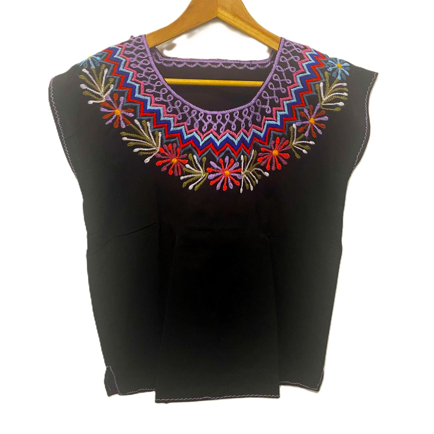 Mexican Embroidered Huipil Maya Top Organic Cotton Manta Black with Firework Flower XS-S