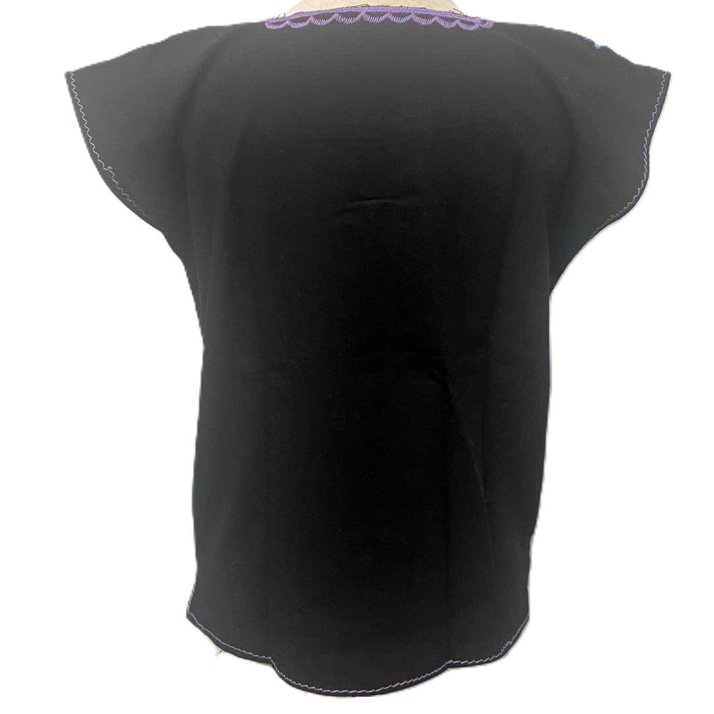 Mexican Embroidered Huipil Maya Top Organic Cotton Manta Black with Firework Flower XS-S