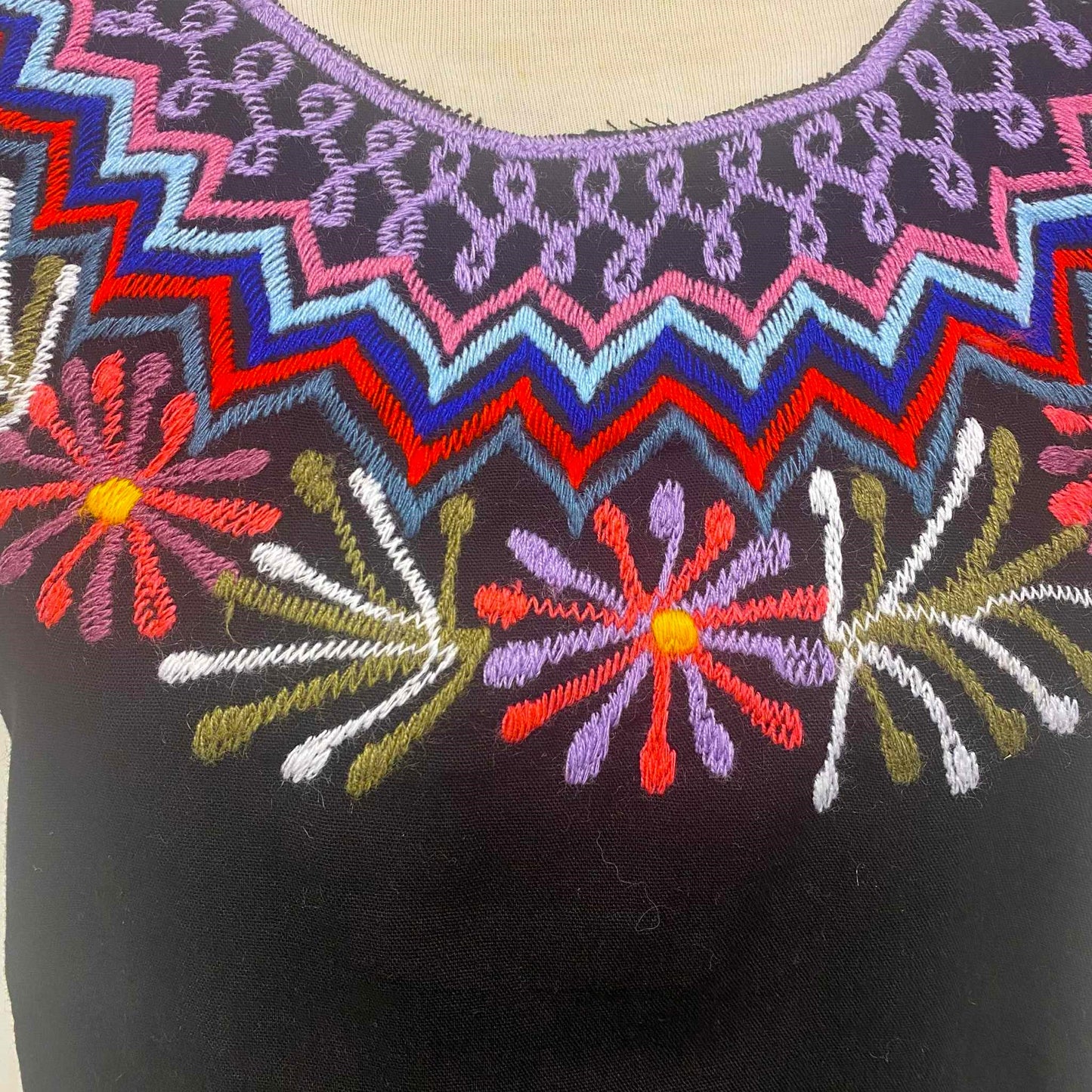 Mexican Embroidered Huipil Maya Top Organic Cotton Manta Black with Firework Flower XS-S