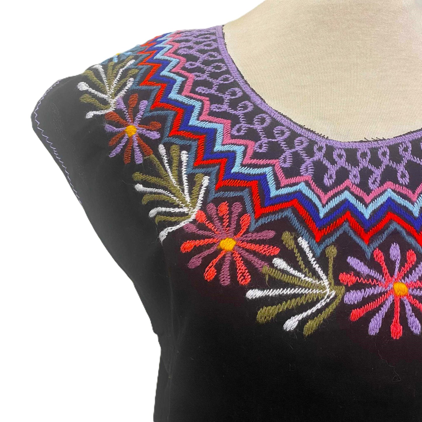Mexican Embroidered Huipil Maya Top Organic Cotton Manta Black with Firework Flower XS-S