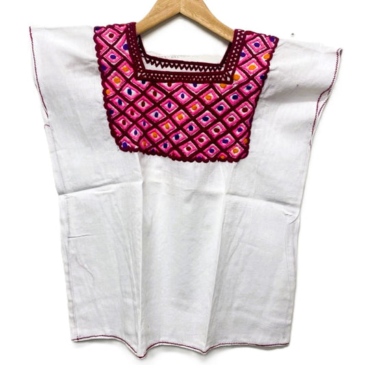 Mexican Embroidered Huipil Maya Top Organic Cotton Manta White & Pink- One Size XS to M