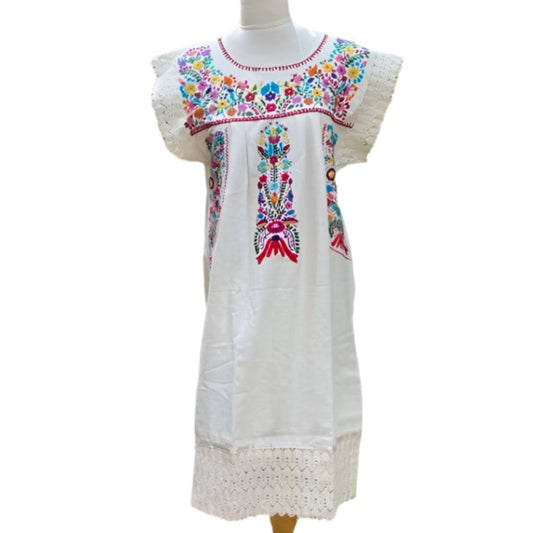 Artisanal Adult Hand Embroider Mexican Dress: Organic Cotton
