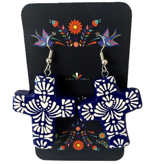 Blue Cross Earrings Talavera Style