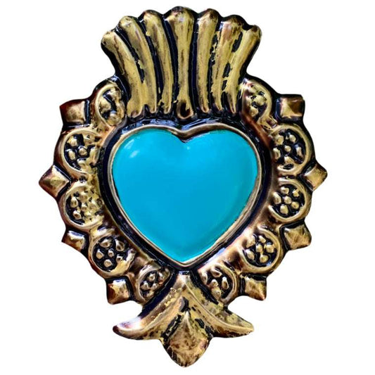 Lux Mexican Heart Hand Painted with Magnet - Turquoise - Tin