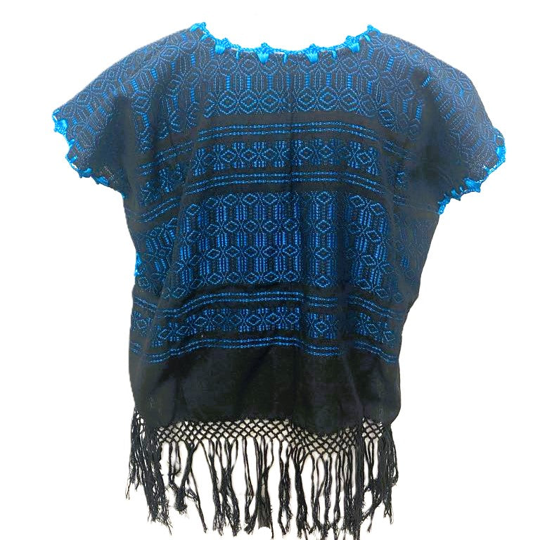 Traditional Treadle Loom Huipil Top- Made in Oaxaca - One Size - S to M - Blue