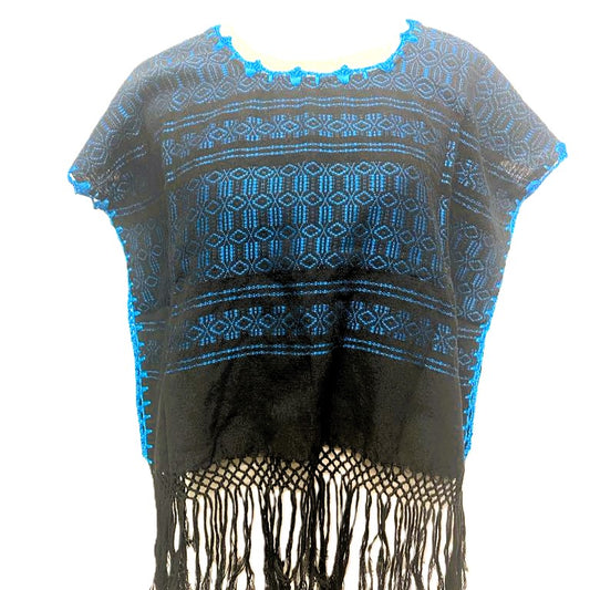Traditional Treadle Loom Huipil Top- Made in Oaxaca - One Size - S to M - Blue