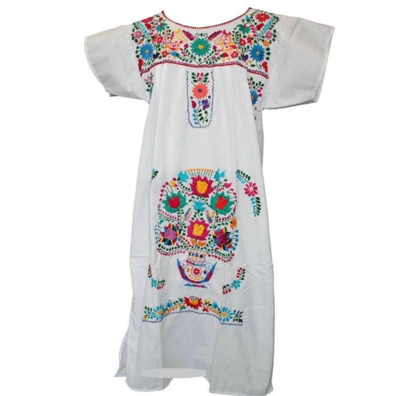 Adult Dress: White Mexican Embroided Boho Traditional Embroidered Peasant Colours of Mexico Adult Dress: White Mexican Embroided Boho Traditional Embroidered Peasant Colours of Mexico