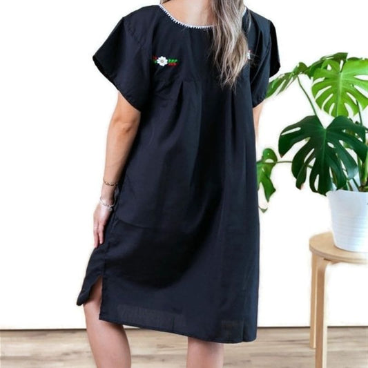 Adult Short Dress: Black Mexican Embroided Boho Knee Lenght