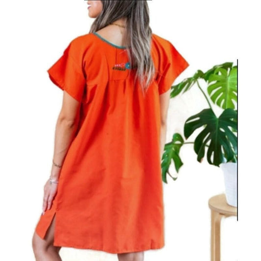 Adult Short Dress: Orange Mexican Embroided Boho Knee Lenght