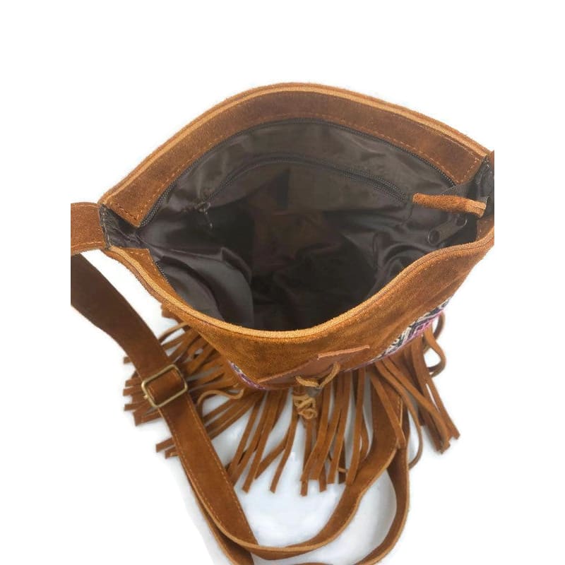 Boho Leather Shoulder Bag with Tassels Handmade Ecuador -