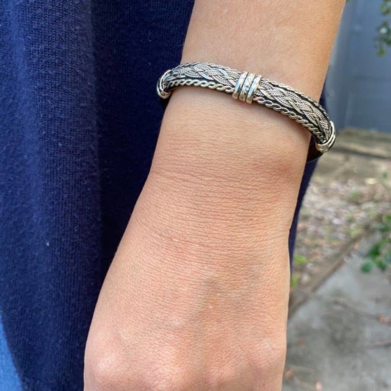 Leather and Alpaca Silver Cuff Bracelet - Made in Taxco