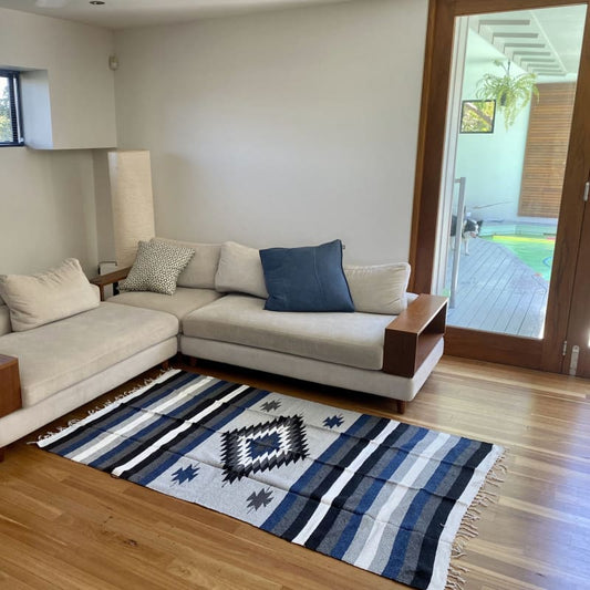 Mexican Floor Rug Aztec design Black Blue & Grey - Floor Rug