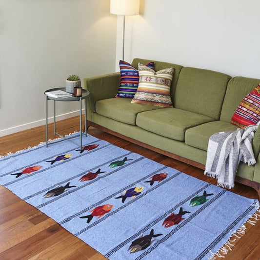 Mexican Floor Rug Fish - Blue Multicoloured Fishes - Floor