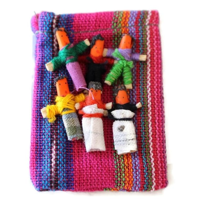 (Six) Mini Worry Dolls In A Textile Pouch - Colours of Mexico