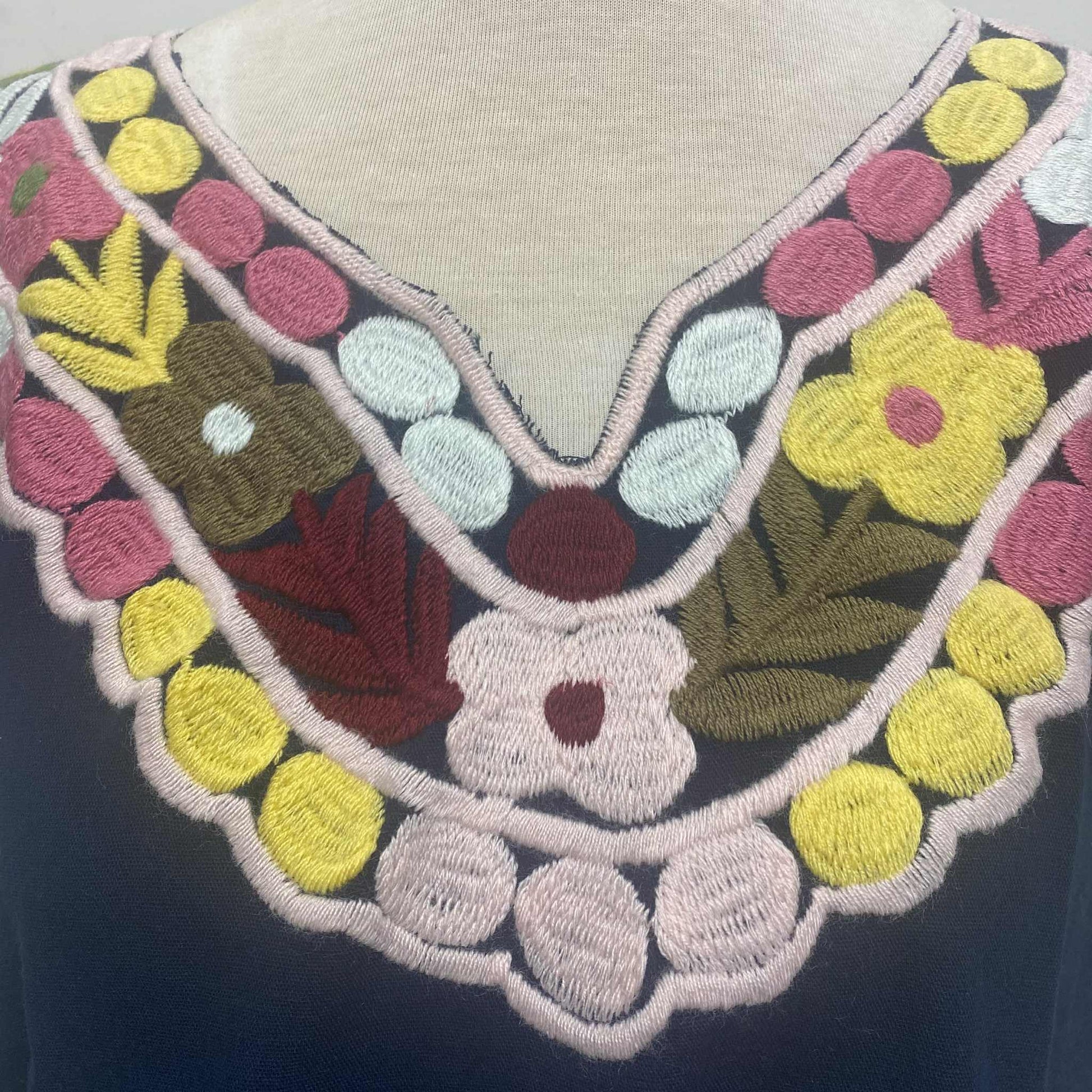 Close-up of a garment with colorful floral embroidery on a mannequin.