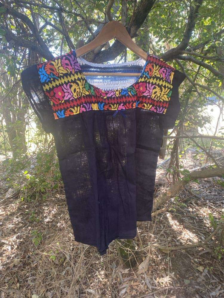 One of a Kind Mexican Printed Mexican Floral Design Peasant Top Cotton  Black - One Size (S-M)