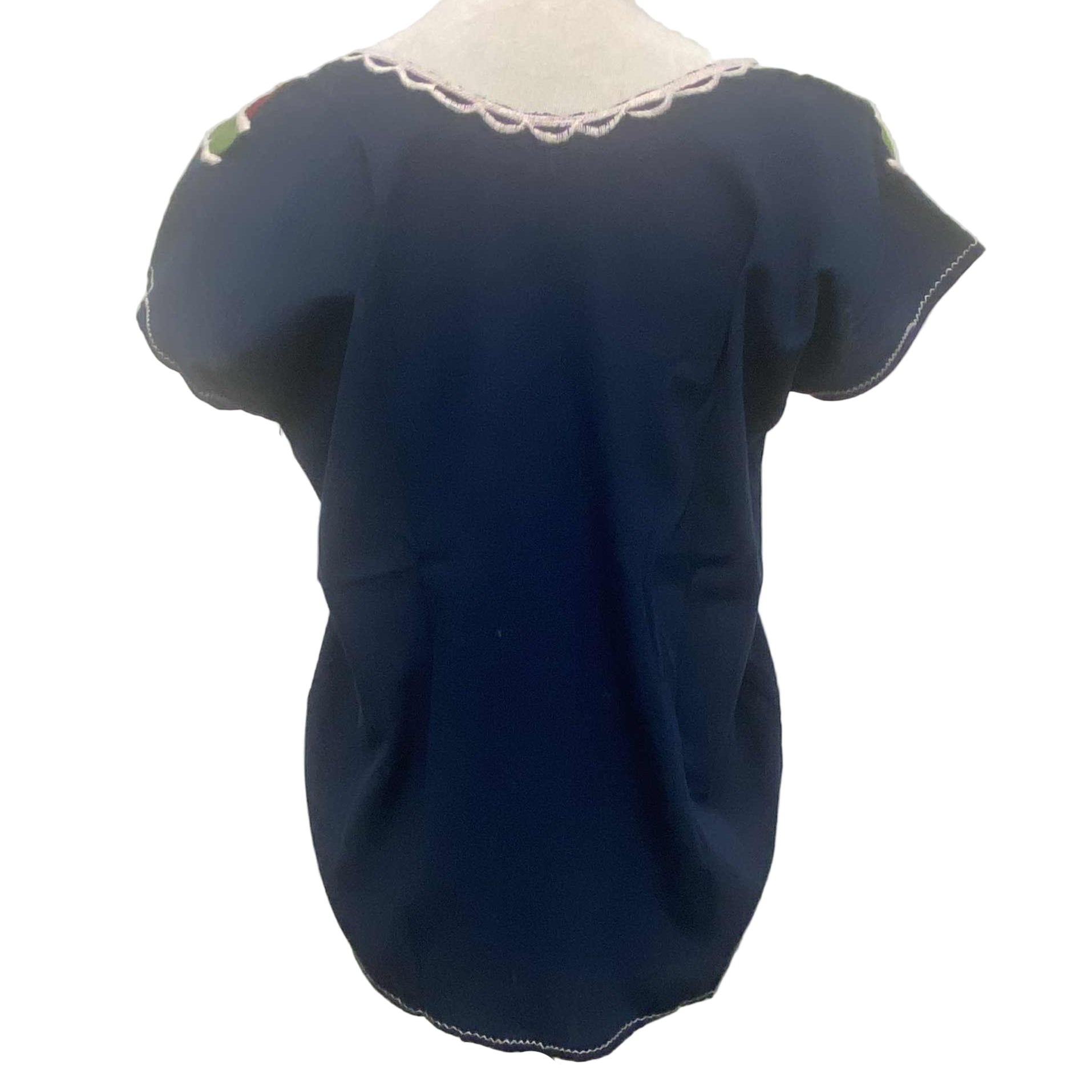 Navy blue blouse on a mannequin against a plain background