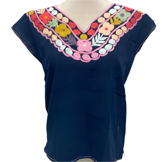 Mexican Embroidered Huipil Maya Top Organic Cotton Manta Navy with Pastel Flowers - One Size XS to M