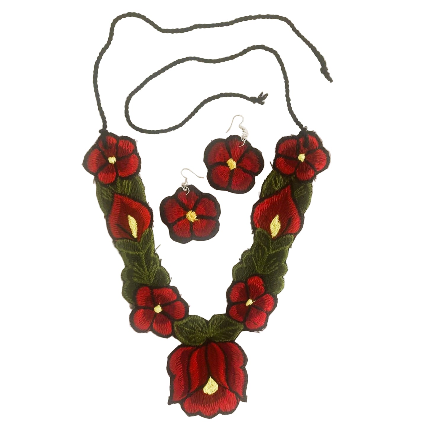 Floral necklace and earrings set with red flowers and green leaves on a white background