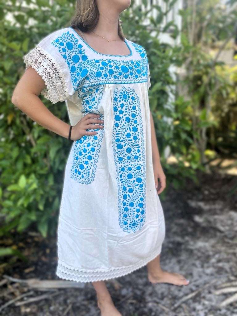 Artisanal Adult Hand Embroider Mexican Dress: Organic Cotton Boho - Blue Theme Baby Blue Artisanal Adult Hand Embroider Mexican Dress: Organic Cotton Boho - Blue Theme Baby Blue