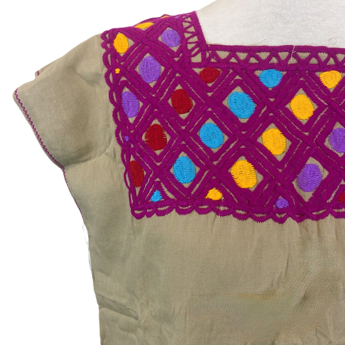 Mexican Embroidered Huipil Maya Top Organic Cotton Manta Beige & Pink- One Size XS to M