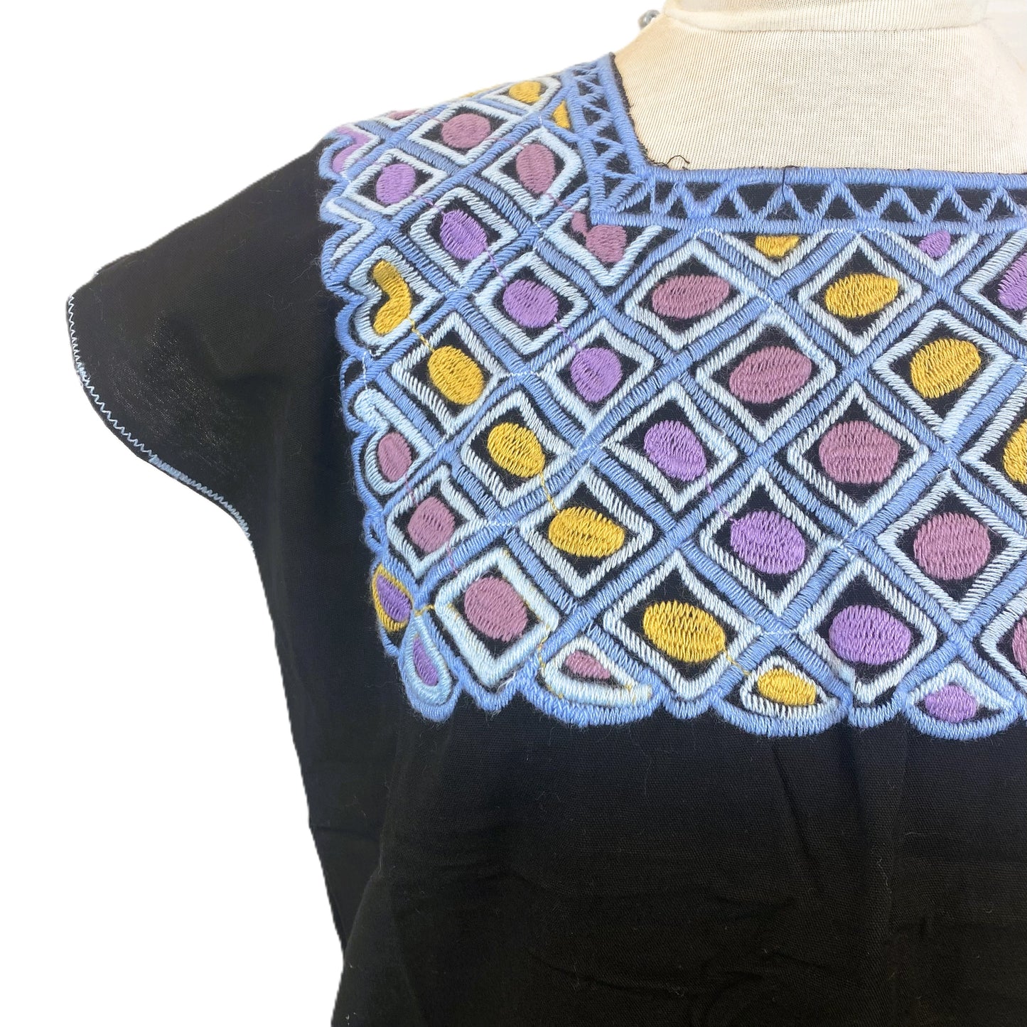 Mexican Embroidered Huipil Maya Top Organic Cotton Manta Black Periwinkle - One Size XS to M