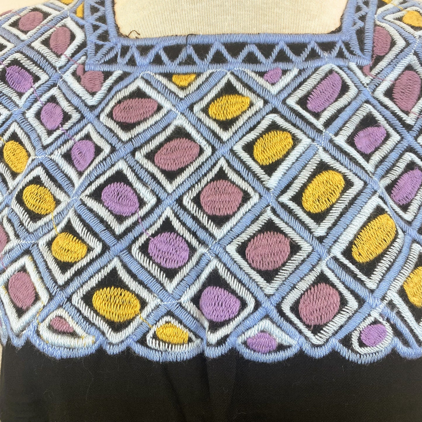 Mexican Embroidered Huipil Maya Top Organic Cotton Manta Black Periwinkle - One Size XS to M