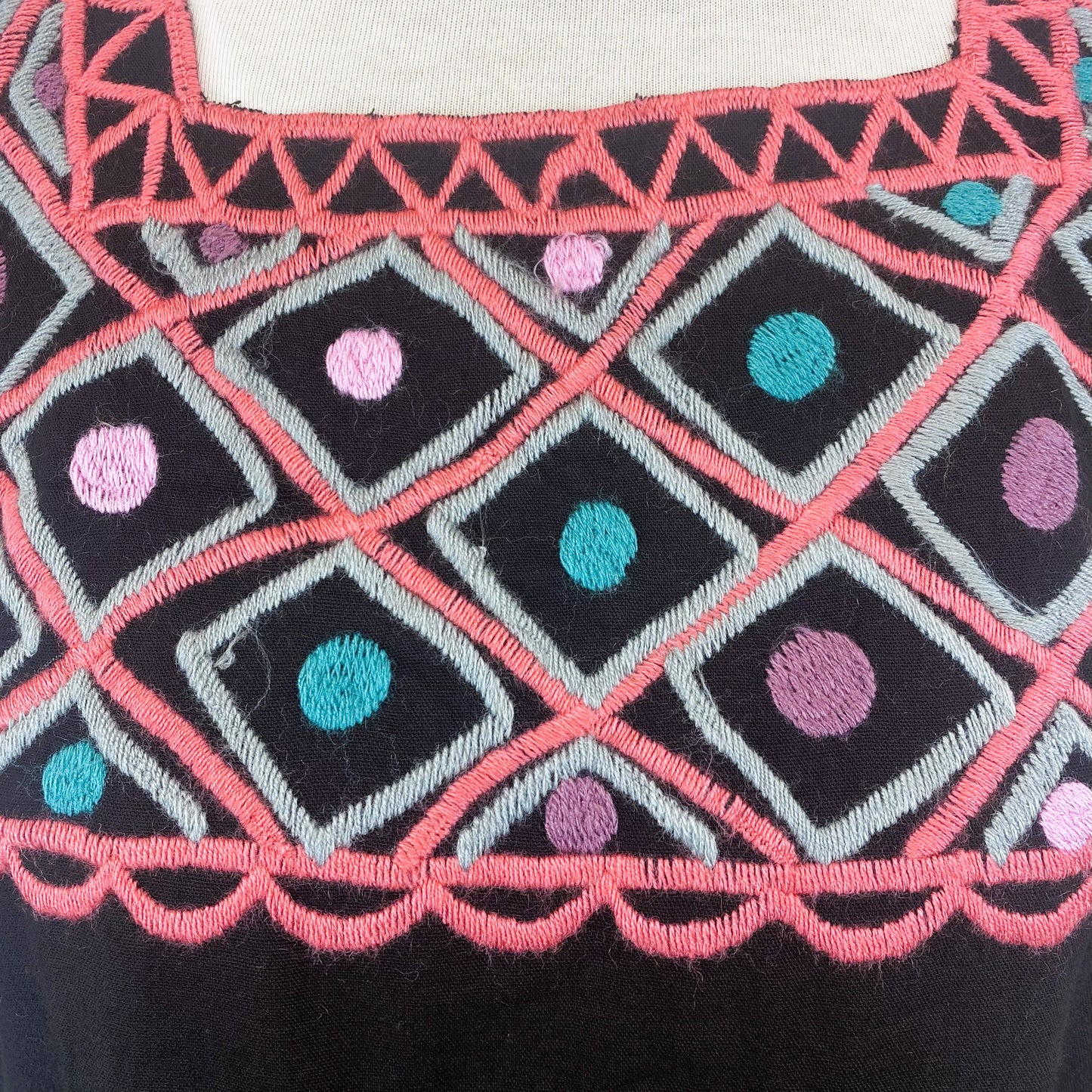 Mexican Embroidered Huipil Maya Top Organic Cotton Manta Black & Coral - One Size XS to M
