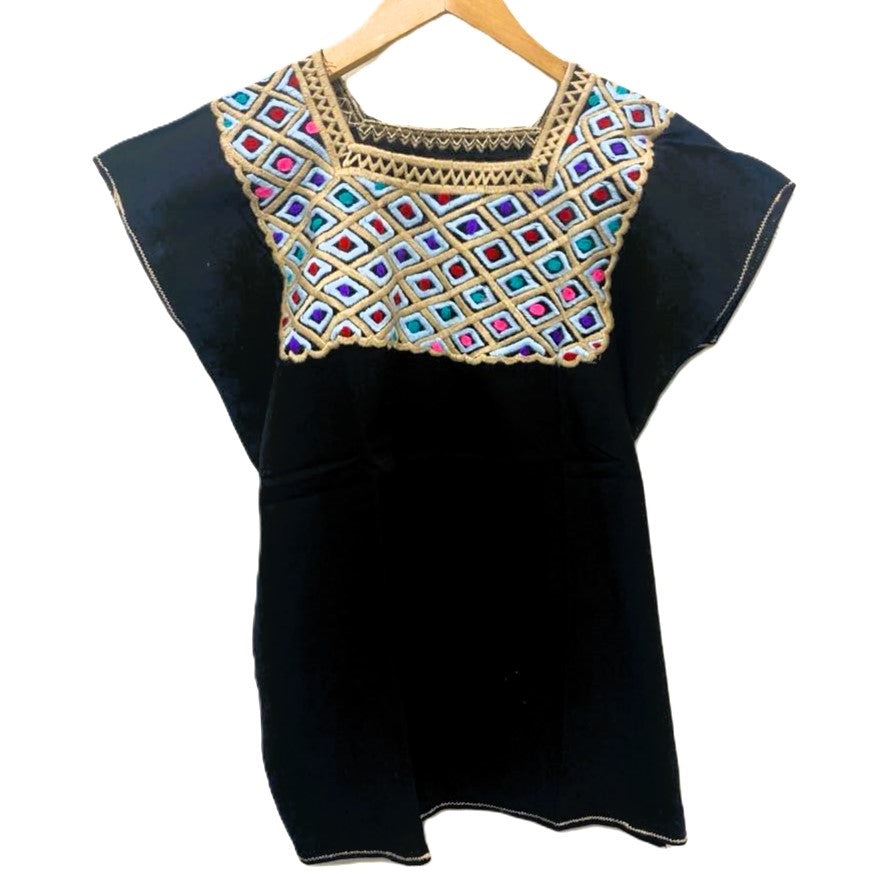 Mexican Embroidered Huipil Maya Top Organic Cotton Manta Black & Brown with Blue - One Size XS to M