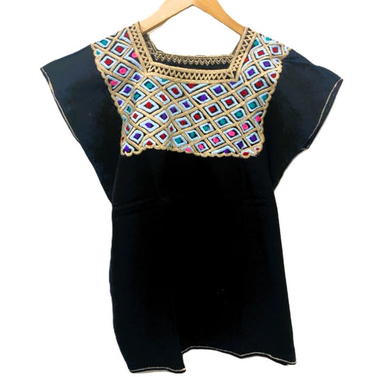 Mexican Embroidered Huipil Maya Top Organic Cotton Manta Black & Brown with Blue - One Size XS to M