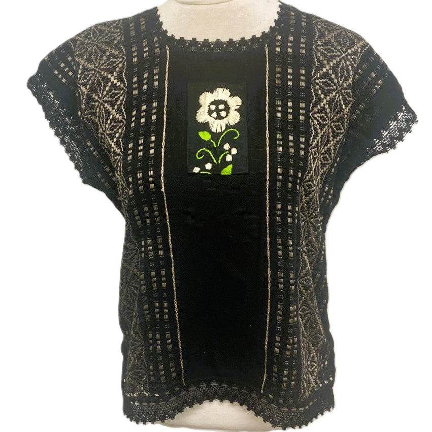 Traditional Treadle Loom Huipil - Made in Oaxaca - One Size XS to M- Black & Gold