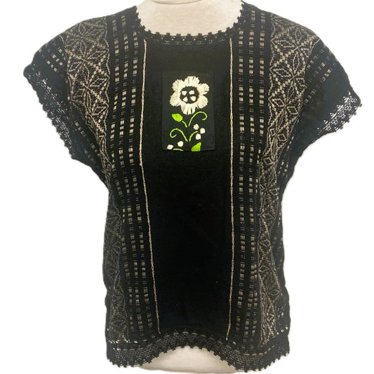 Traditional Treadle Loom Huipil - Made in Oaxaca - One Size XS to M- Black & Gold