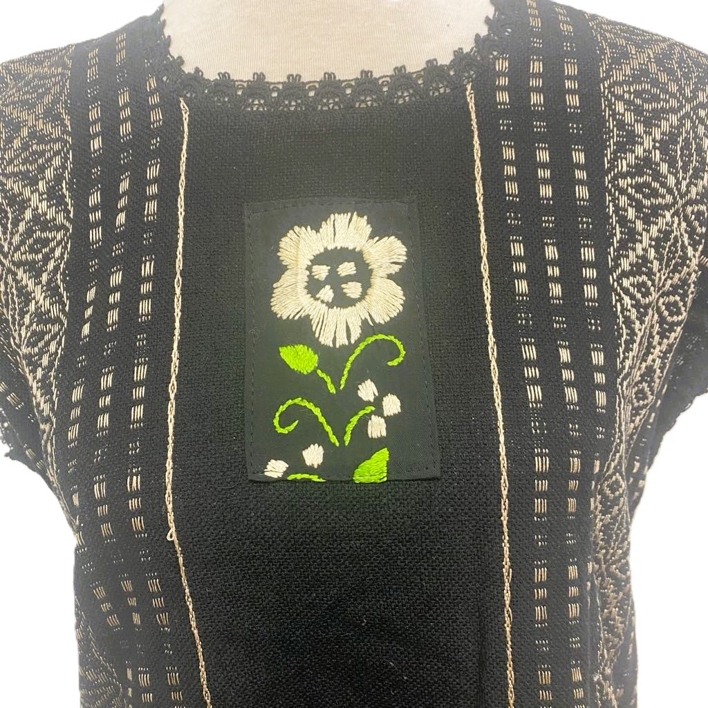 Traditional Treadle Loom Huipil - Made in Oaxaca - One Size XS to M- Black & Gold