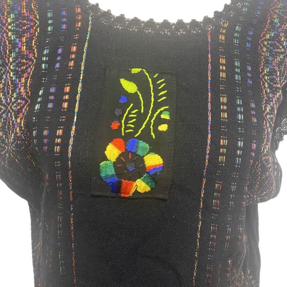 Traditional Treadle Loom Huipil - Made in Oaxaca - One Size XS to M- Black & Rainbow