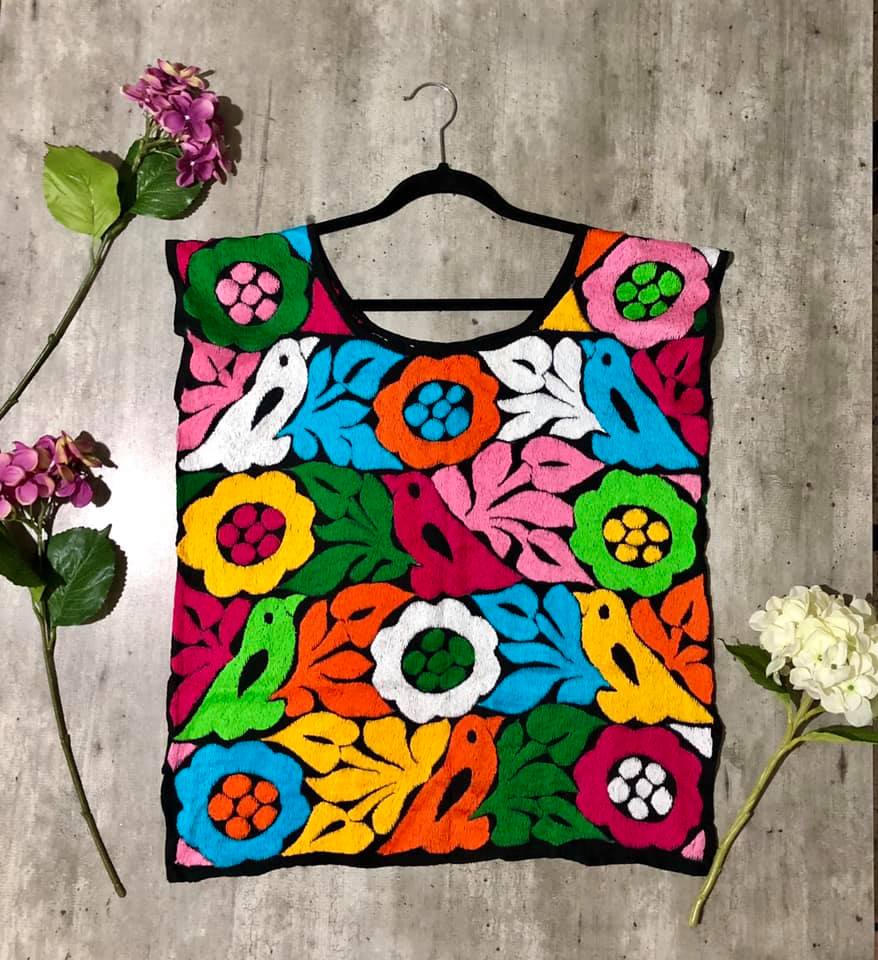 Hand-Embroidered Jalapa de Díaz Blouse - Vibrant Birds & Flowers - One size XS to M