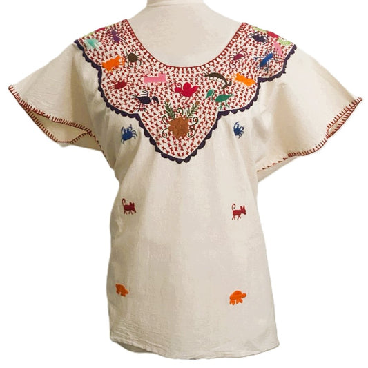Hand-Embroidered Traditional Huipil Top – Made in Oaxaca – Los Animalitos– One Size L-XL