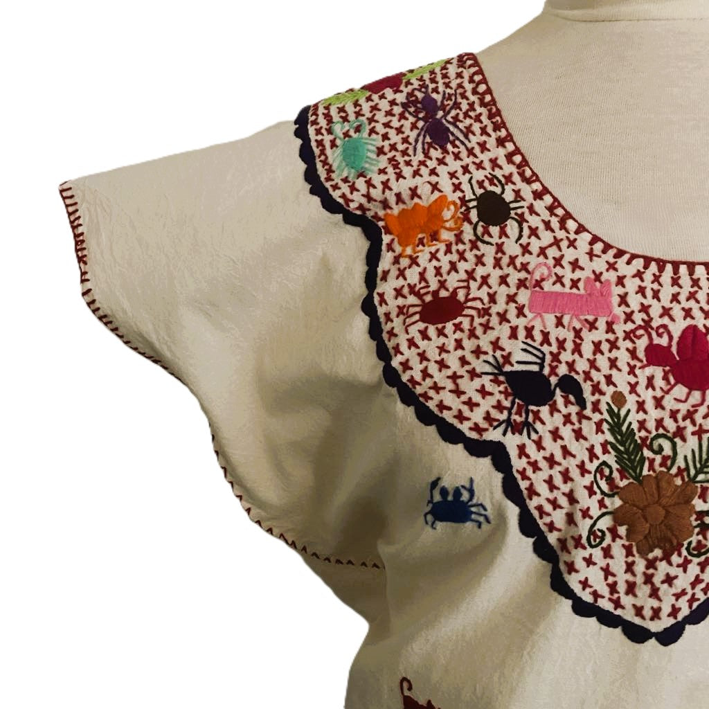 Hand-Embroidered Traditional Huipil Top – Made in Oaxaca – Los Animalitos– One Size L-XL