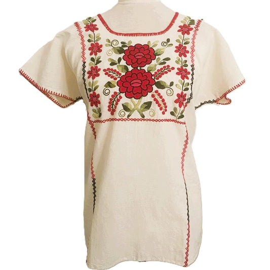 Hand-Embroidered Traditional Huipil Top – Made in Oaxaca – Carnation – One Size M