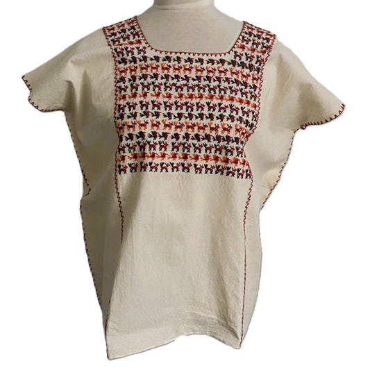 Hand-Embroidered Traditional Huipil Top – Made in Oaxaca – Los Pajaritos – One Size M-L