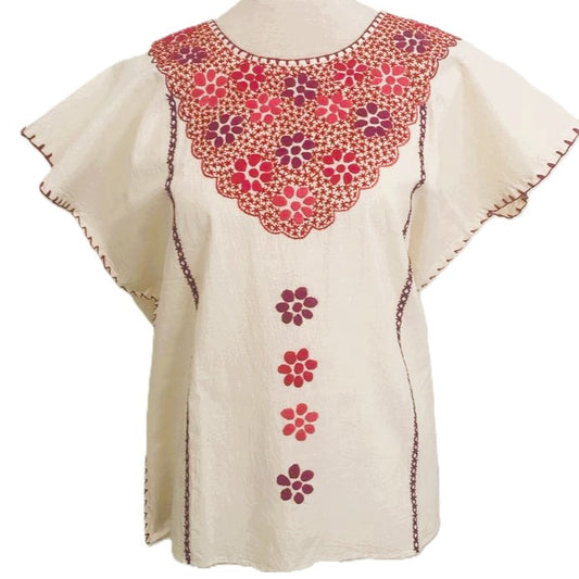 Hand-Embroidered Traditional Huipil Top – Made in Oaxaca – Las Florecitas– One Size L