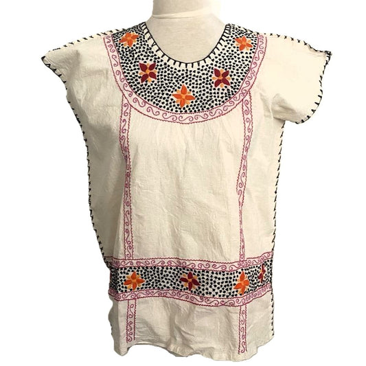 Hand-Embroidered Traditional Huipil Top – Made in Oaxaca - Jardin de Flores - Size Small