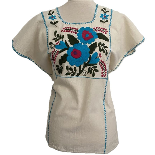 Hand-Embroidered Traditional Huipil Top – Made in Oaxaca – Flores Azules– One Size L-XL