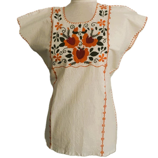 Hand-Embroidered Traditional Huipil Top – Made in Oaxaca - Orange Flowers- Size Small