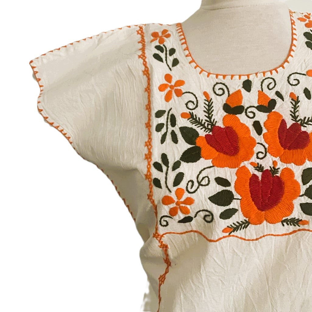 Hand-Embroidered Traditional Huipil Top – Made in Oaxaca - Orange Flowers- Size Small