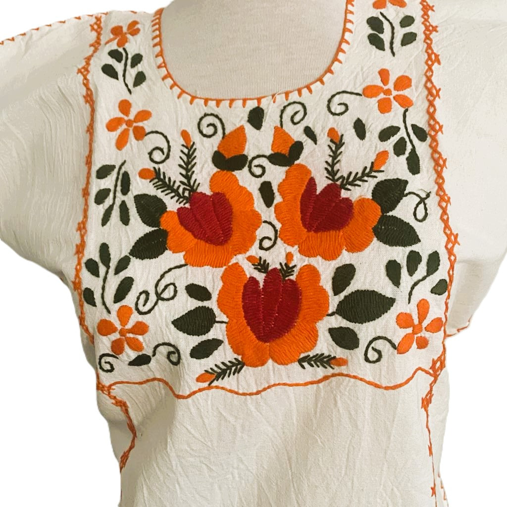 Hand-Embroidered Traditional Huipil Top – Made in Oaxaca - Orange Flowers- Size Small