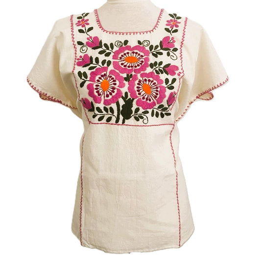 Hand-Embroidered Traditional Huipil Top – Made in Oaxaca – Flores Rosas – One Size L-XL