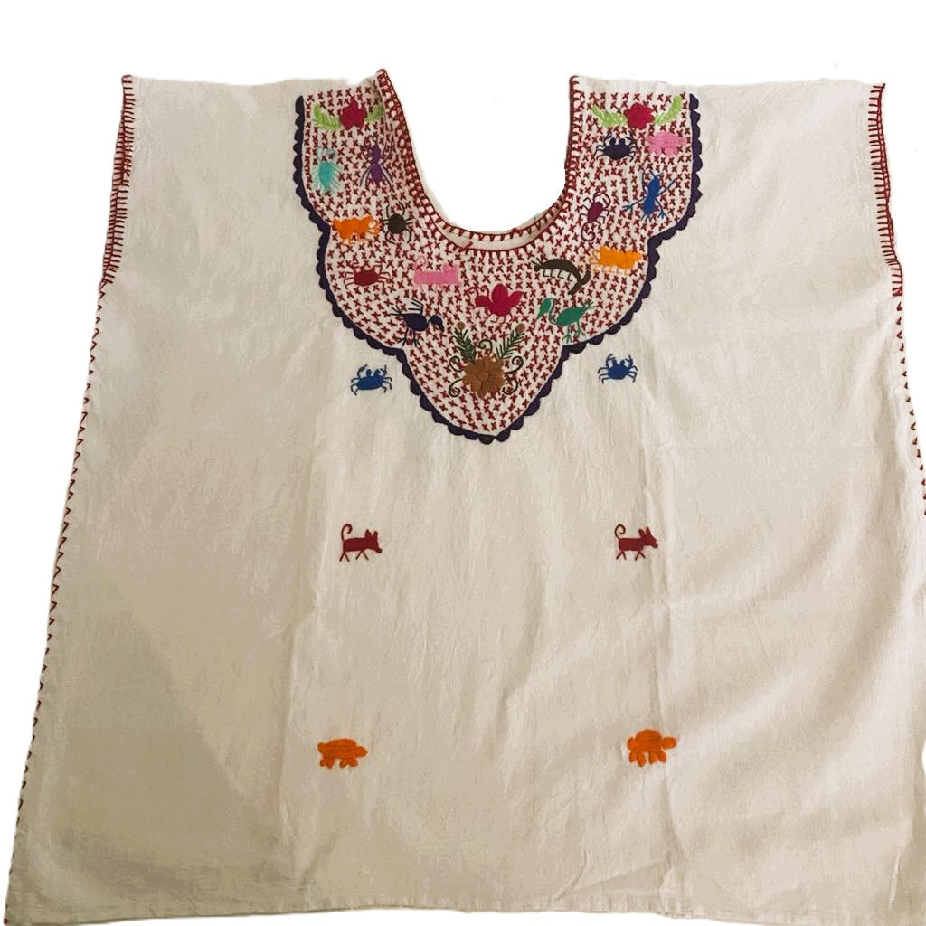 Hand-Embroidered Traditional Huipil Top – Made in Oaxaca – Los Animalitos– One Size L-XL